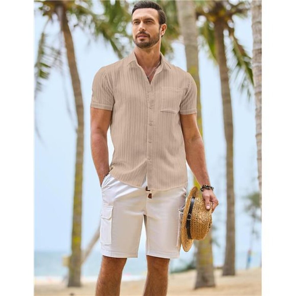 Men Button Down Short Sleeve Shirts Khaki - Picture 5 of 7